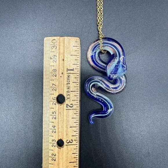 Art Glass Snake Pendant Necklace Gold Toned Chain Blue Copper Lampwork Serpent - Picture 9 of 9